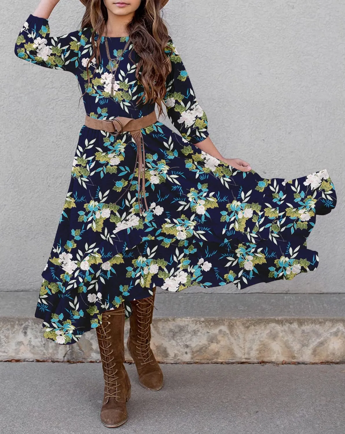 MITILLY Girls Loose Plain 3/4 Sleeve Casual Pocket Ruffle Swing Long Maxi Dress with Belt
