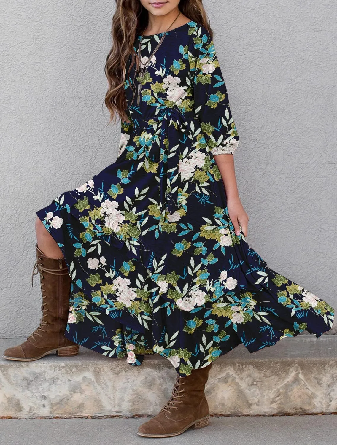 MITILLY Girls Loose Plain 3/4 Sleeve Casual Pocket Ruffle Swing Long Maxi Dress with Belt
