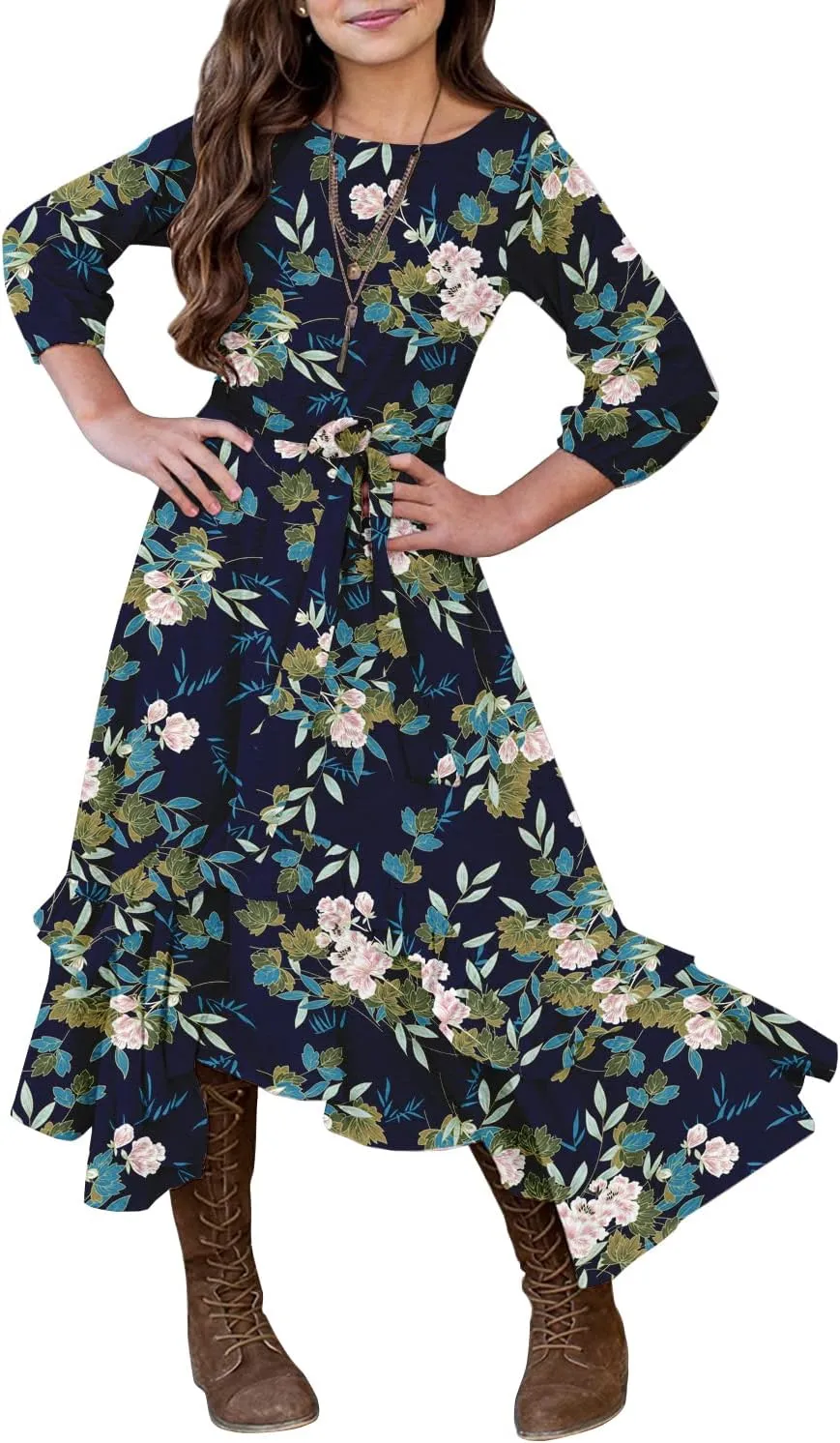MITILLY Girls Loose Plain 3/4 Sleeve Casual Pocket Ruffle Swing Long Maxi Dress with Belt