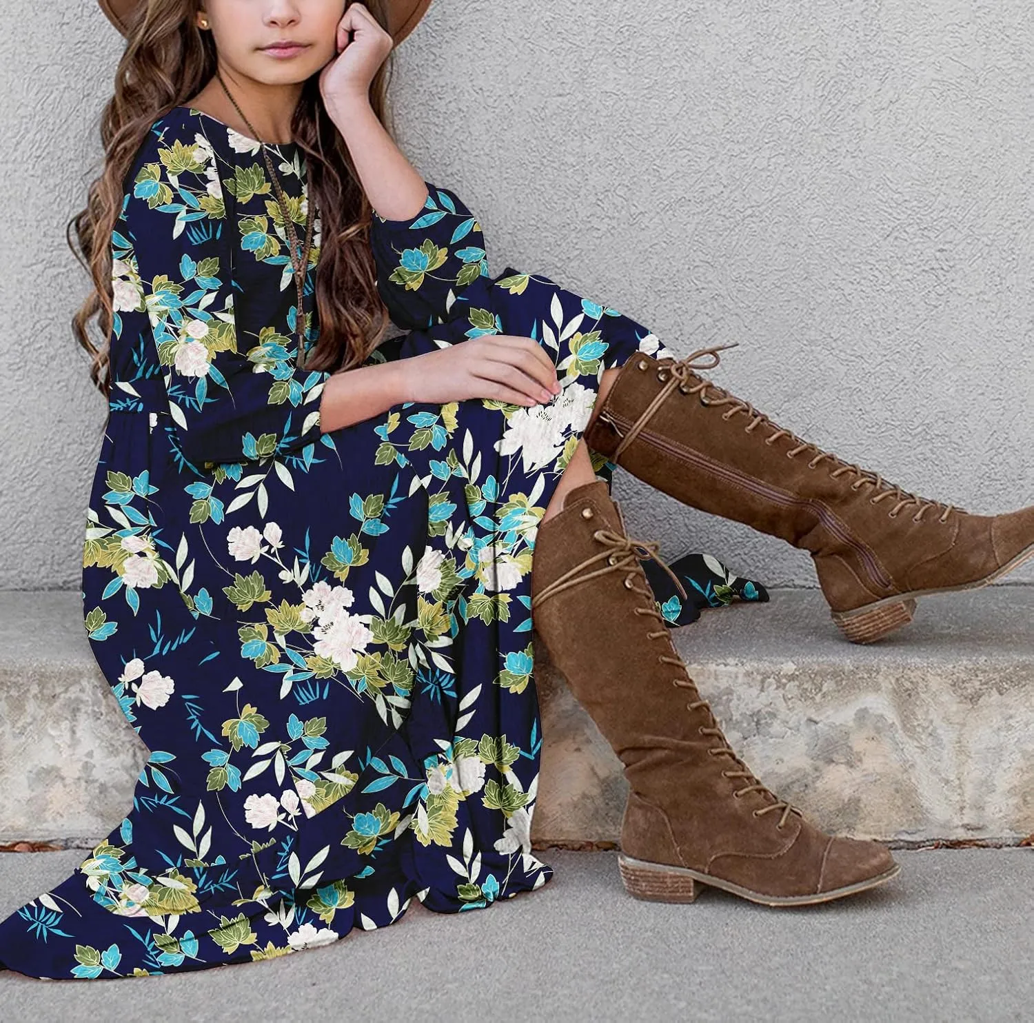 MITILLY Girls Loose Plain 3/4 Sleeve Casual Pocket Ruffle Swing Long Maxi Dress with Belt
