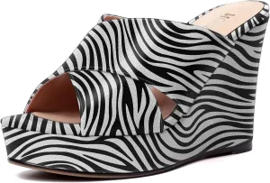 MODENCOCO Womens Casual Open Toe Heels Patent Slip On Platform Party Sexy Wedge High Heel Heeled Sandals 4 Inch
