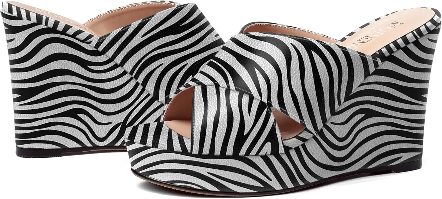 MODENCOCO Womens Casual Open Toe Heels Patent Slip On Platform Party Sexy Wedge High Heel Heeled Sandals 4 Inch