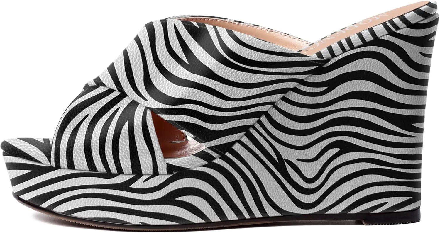 MODENCOCO Womens Casual Open Toe Heels Patent Slip On Platform Party Sexy Wedge High Heel Heeled Sandals 4 Inch