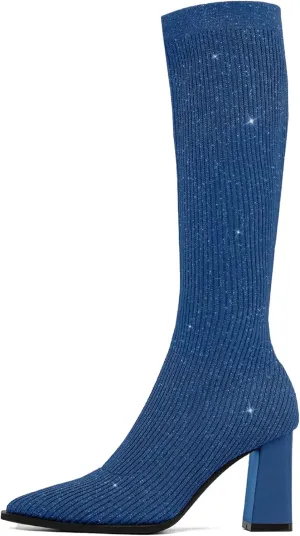 MOUSSE FIT Women's Minimalist Knit High Boots, Chunky Heel, Rubber Sole, Comfort Style