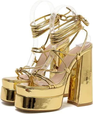 MRKEWUNEY Womens Platform Heels Lace Up Peep Toe Block Heels Wedge Dress Pumps