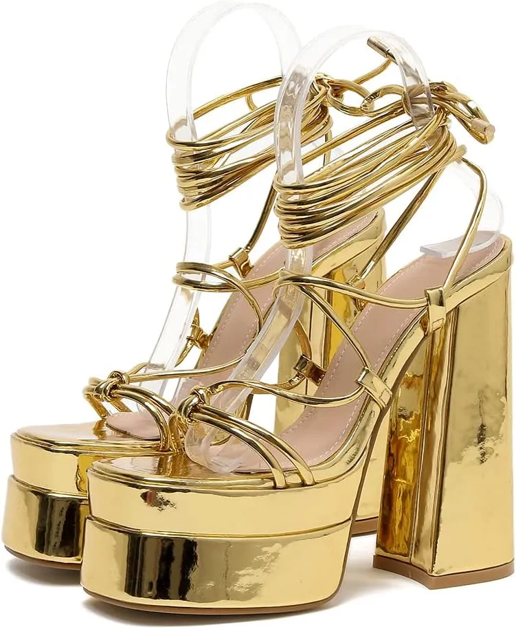 MRKEWUNEY Womens Platform Heels Lace Up Peep Toe Block Heels Wedge Dress Pumps