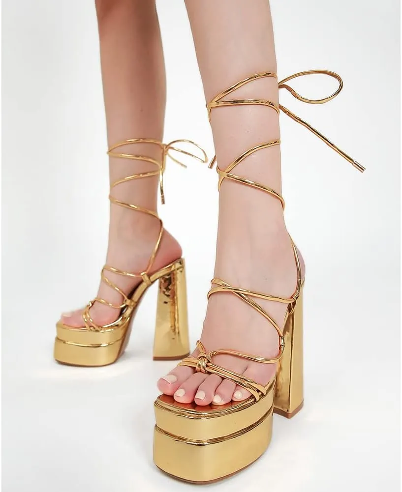 MRKEWUNEY Womens Platform Heels Lace Up Peep Toe Block Heels Wedge Dress Pumps