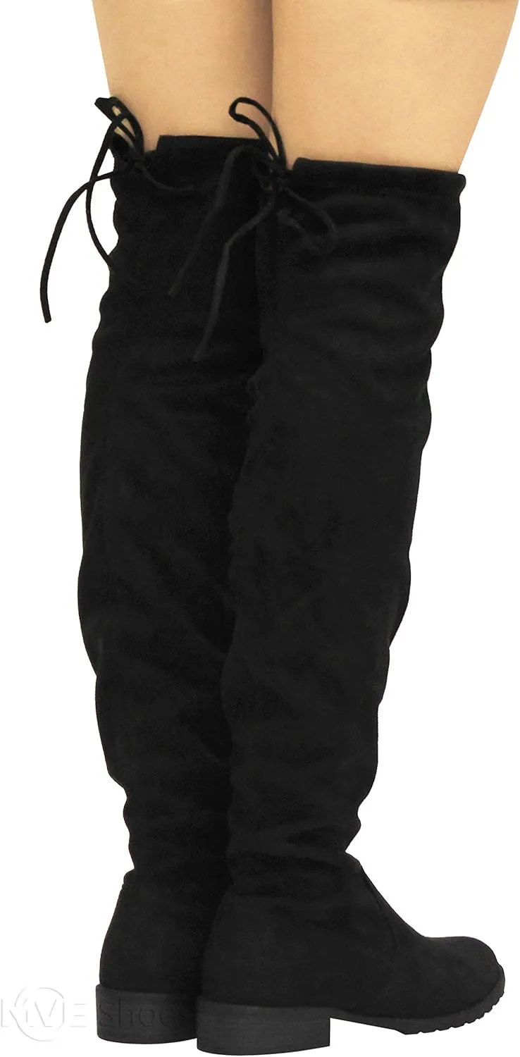 MVE Shoes Women's Fashion Comfy Vegan Suede Block Heel Side Zipper Thigh High Over The Knee Boots