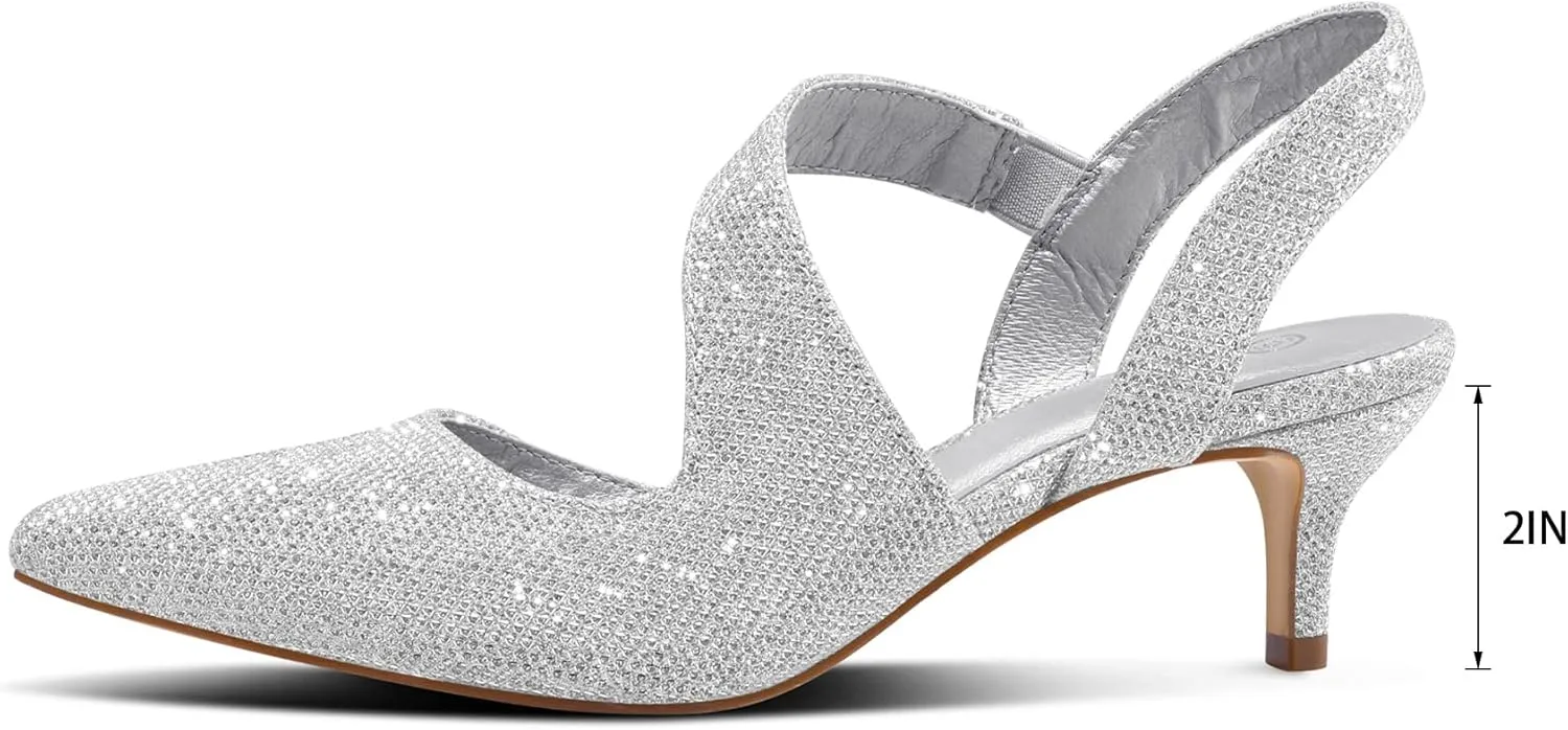 mysoft Women's Pumps 2 inch Low Heel Pointed Toe Slingback Wedding Party Dress Shoes