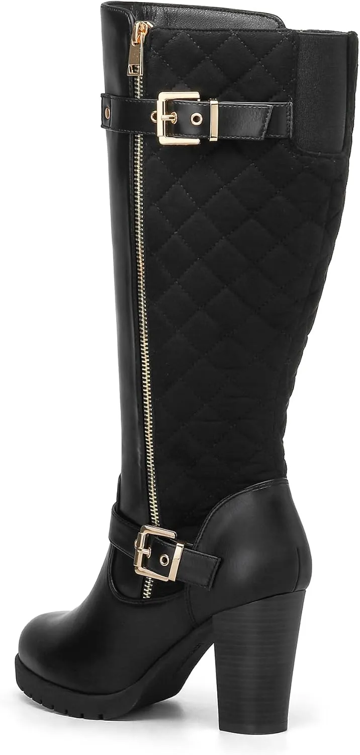 mysoft Women's Wide/Extra Wide Calf Knee High Boots Chunky Block Heel Round Toe Tall Boots Side Zipper