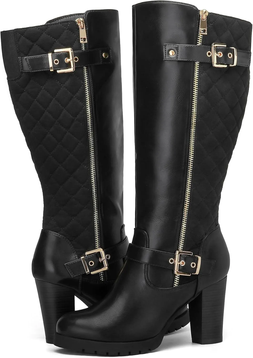 mysoft Women's Wide/Extra Wide Calf Knee High Boots Chunky Block Heel Round Toe Tall Boots Side Zipper