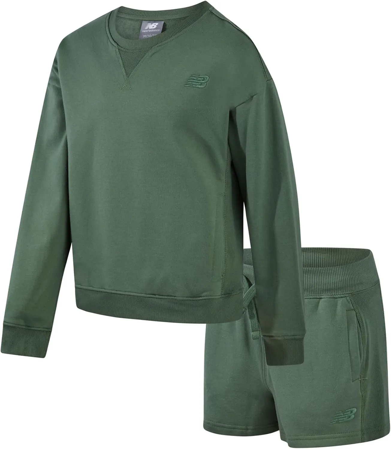 New Balance Girls' Active Short Set - 2 Piece Fleece Pullover Sweatshirt and Rib Side Panel Athletic Shorts for Girls (7-16)