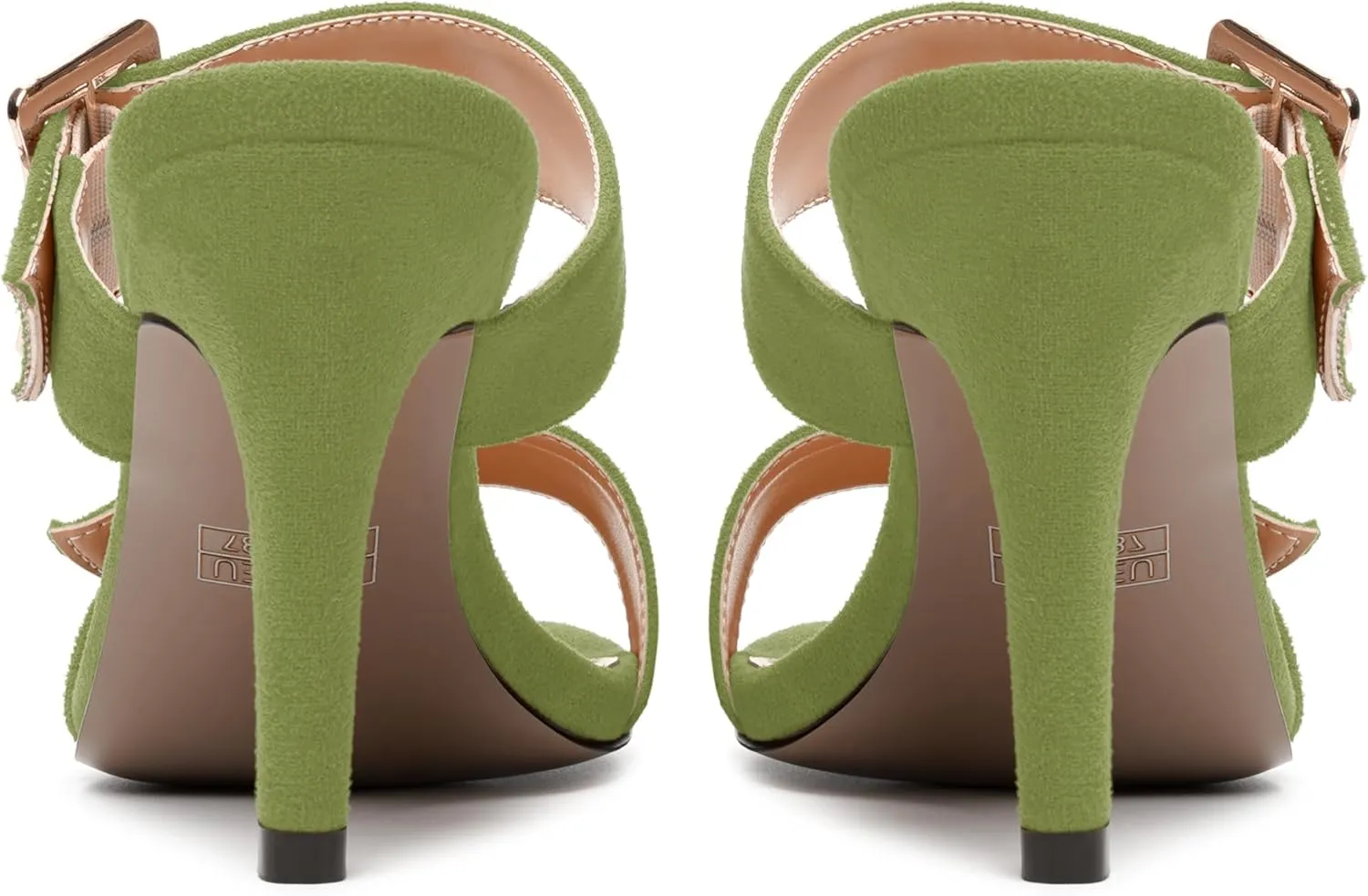 NUMALEO Womens Evening Sexy Round Toe Slip On Two Strap Buckle Suede Stiletto High Heel Heeled Sandals 3.3 Inch