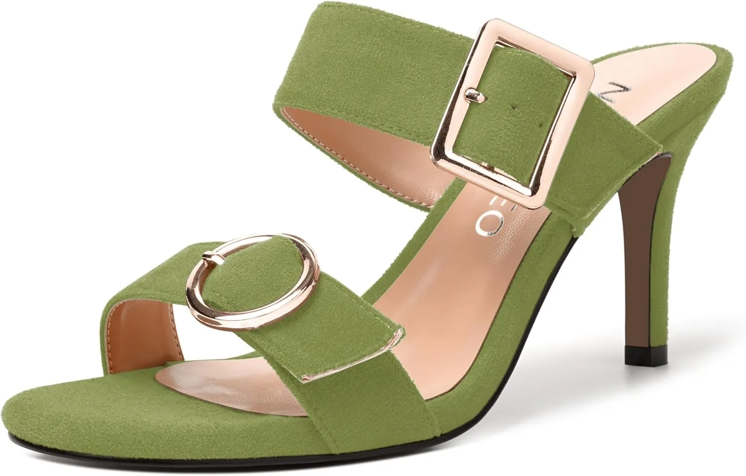 NUMALEO Womens Evening Sexy Round Toe Slip On Two Strap Buckle Suede Stiletto High Heel Heeled Sandals 3.3 Inch
