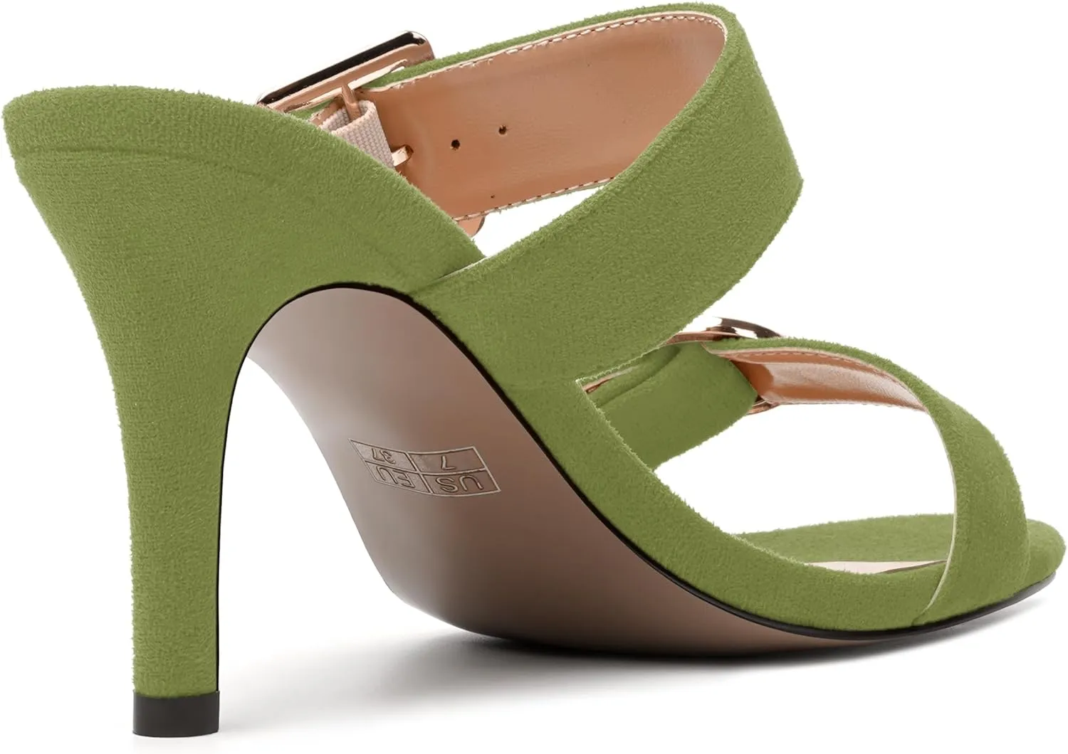 NUMALEO Womens Evening Sexy Round Toe Slip On Two Strap Buckle Suede Stiletto High Heel Heeled Sandals 3.3 Inch