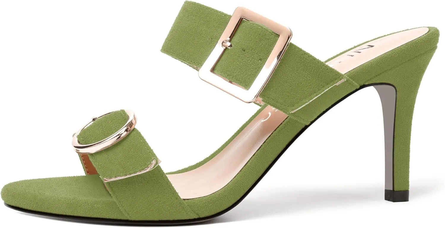 NUMALEO Womens Evening Sexy Round Toe Slip On Two Strap Buckle Suede Stiletto High Heel Heeled Sandals 3.3 Inch