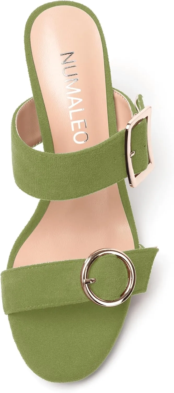 NUMALEO Womens Evening Sexy Round Toe Slip On Two Strap Buckle Suede Stiletto High Heel Heeled Sandals 3.3 Inch