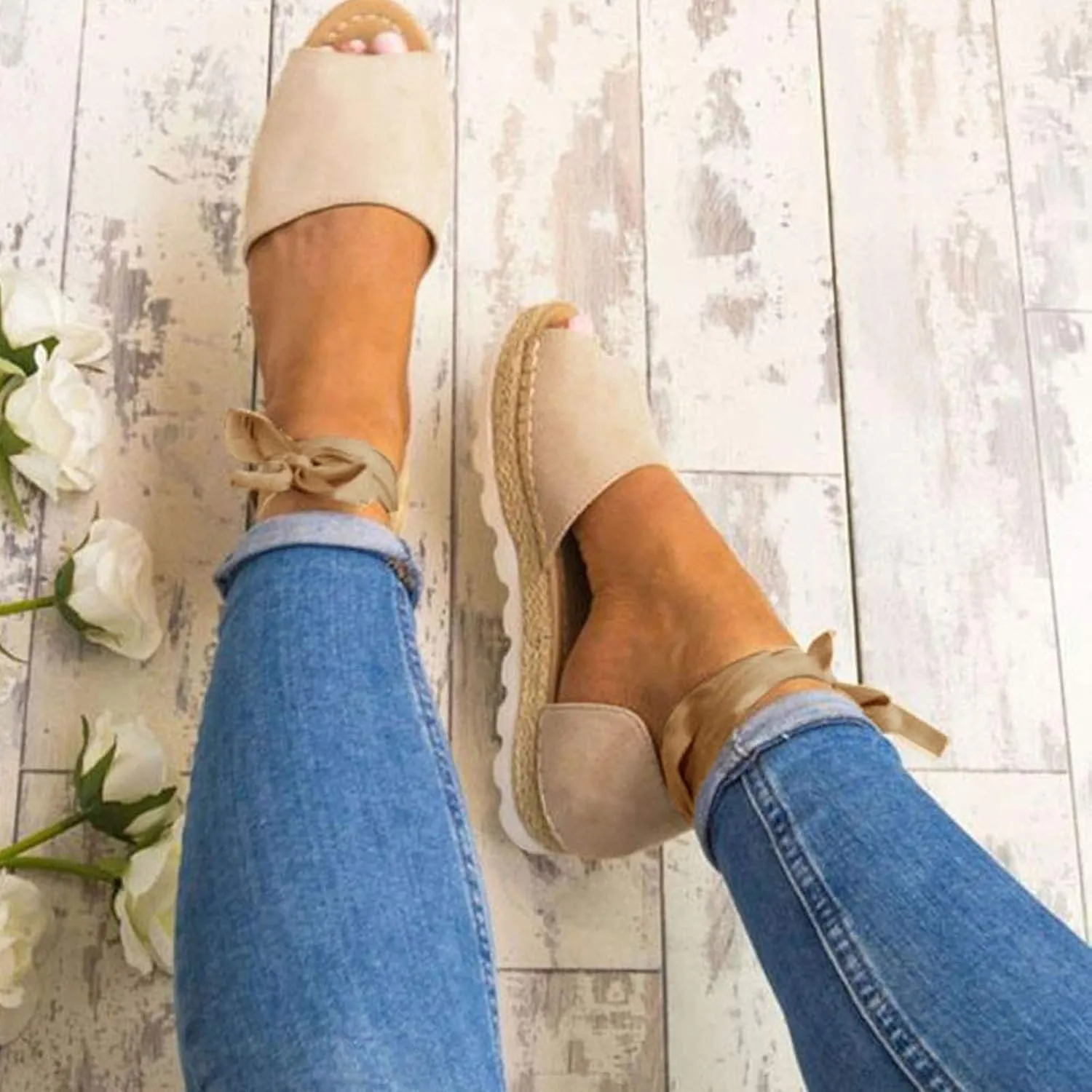 Nyybw Sandals for Women Platforms, Espadrilles Open Toe Ankle Lace up Sandals Single Back Sandals Holiday Flatforms Sandals