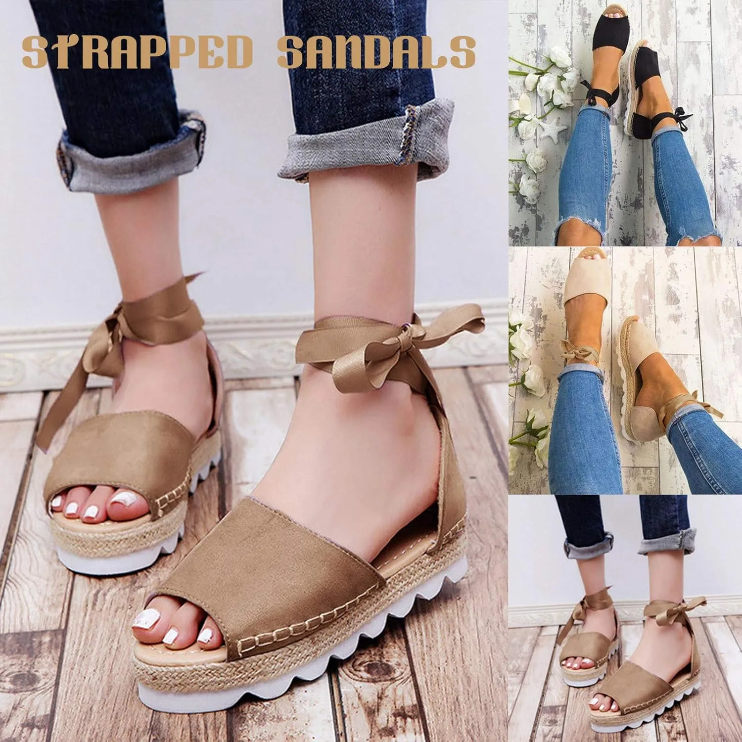Nyybw Sandals for Women Platforms, Espadrilles Open Toe Ankle Lace up Sandals Single Back Sandals Holiday Flatforms Sandals