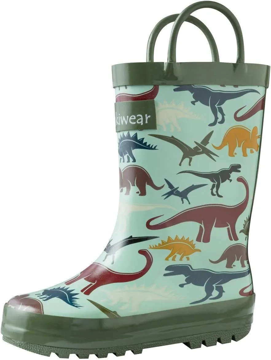oaki Toddler Rain Boots - Perfect Kids Rain Boots for Any Weather - Durable Rubber Baby Rain Boots Keep Little Feet Dry, Lightweight Waterproof with Easy-on Handle, Earthy Dino, 2 Little Kid