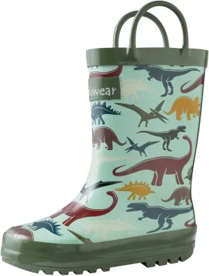 oaki Toddler Rain Boots - Perfect Kids Rain Boots for Any Weather - Durable Rubber Baby Rain Boots Keep Little Feet Dry, Lightweight Waterproof with Easy-on Handle, Earthy Dino, 2 Little Kid