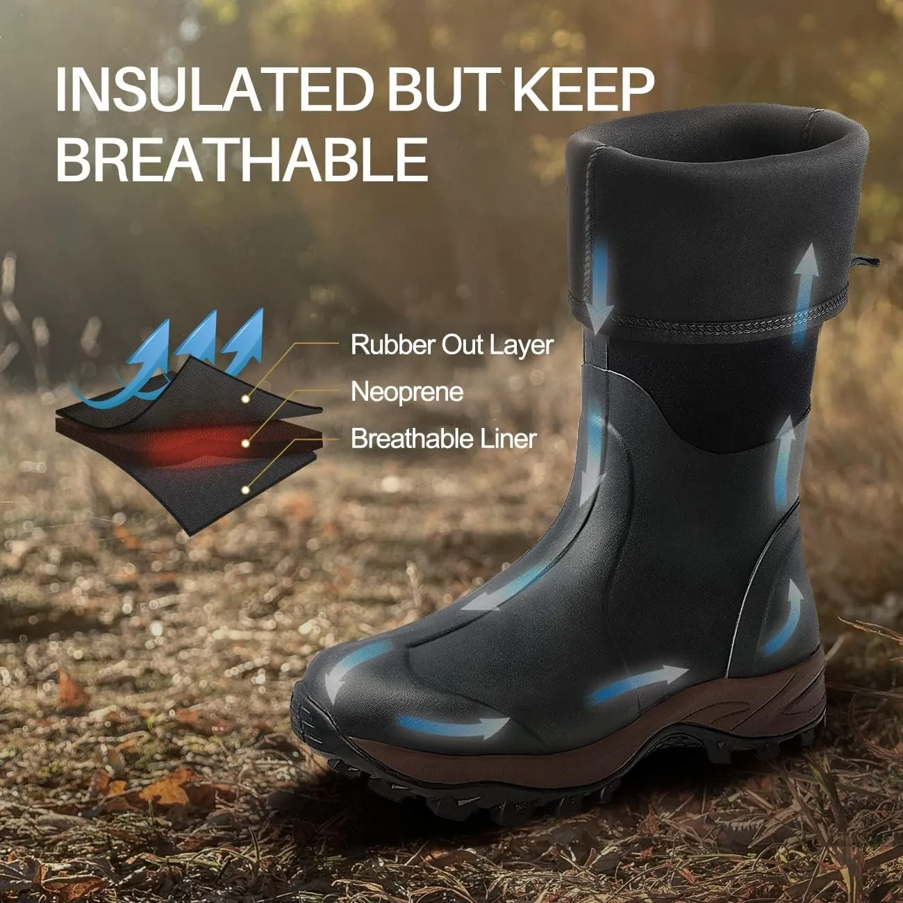 Obcursco Mens Rain Boots, Insulated 6mm Neoprene Rubber Boots for Men and Women Waterproof, Durable Hunting Boots Great for Cold Weather, Farm Working and Fishing