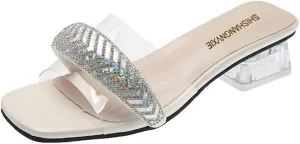 oiangi Rhinestone Sandals for Women Heels Summer Fashion Slip on Square Toe Open Toe Clear Heel Chunky High Heels Shoes Ladies Comfortable Dress Shoes