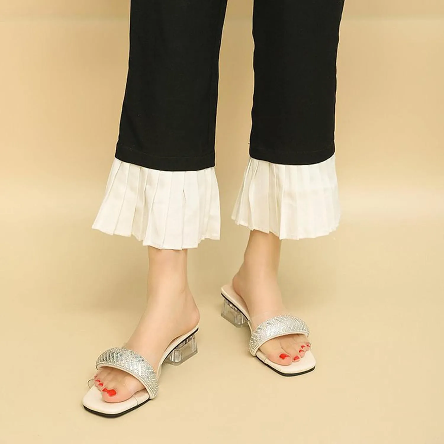 oiangi Rhinestone Sandals for Women Heels Summer Fashion Slip on Square Toe Open Toe Clear Heel Chunky High Heels Shoes Ladies Comfortable Dress Shoes