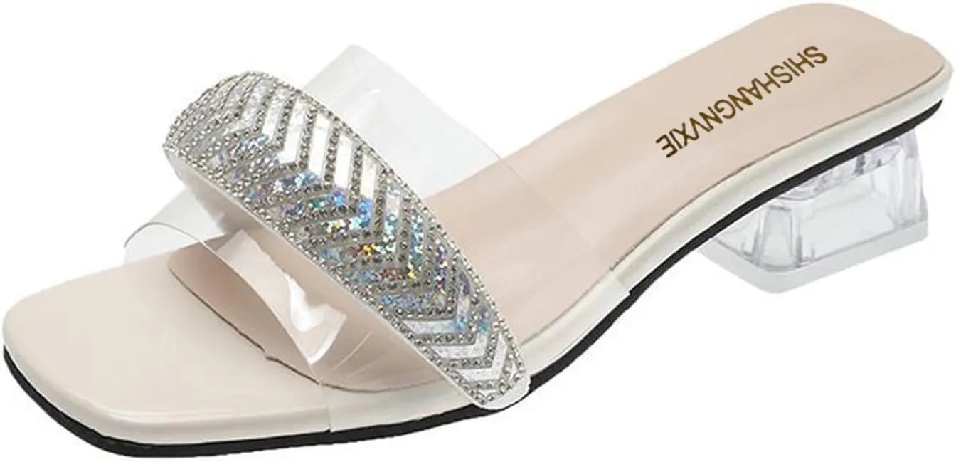 oiangi Rhinestone Sandals for Women Heels Summer Fashion Slip on Square Toe Open Toe Clear Heel Chunky High Heels Shoes Ladies Comfortable Dress Shoes