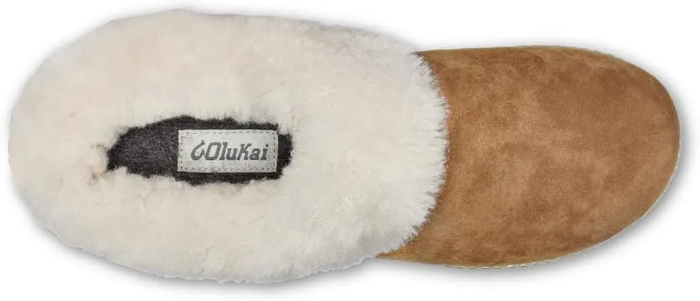 OLUKAI Ku'i Women's Slipper, Soft Full-Grain Leather & Wool Blend Footbed, Wet Grip Soles for Inside & Outside Wear, Cute & Comfortable Slip-On