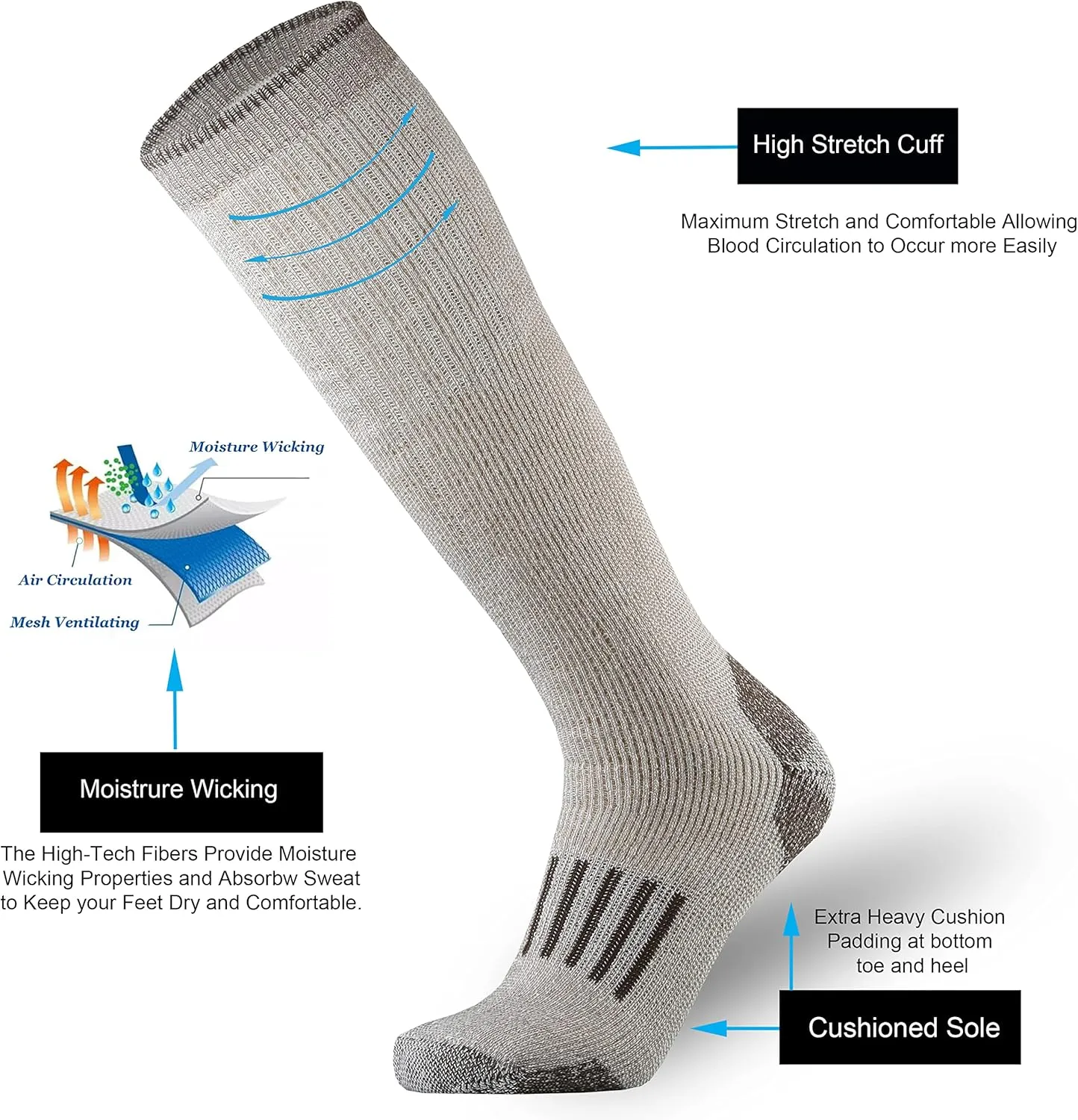 ONKE Knee High Socks Cushioned for Men Steel Toe Work Boots Over the Calf OTC Moisture Wicking Control Warm Hiking Hunting