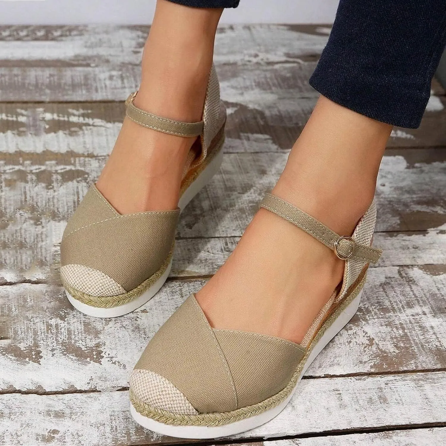 Orthopedic Platform Wedge Sandals for Women Summer Dressy 2023 Flat Open Toe Ankle Strap Espadrilles Sandals Casual Strappy Slip on Sandals Beach Boho Sandals Comfortable Outdoor Shoes (1-Khaki, 6.5)