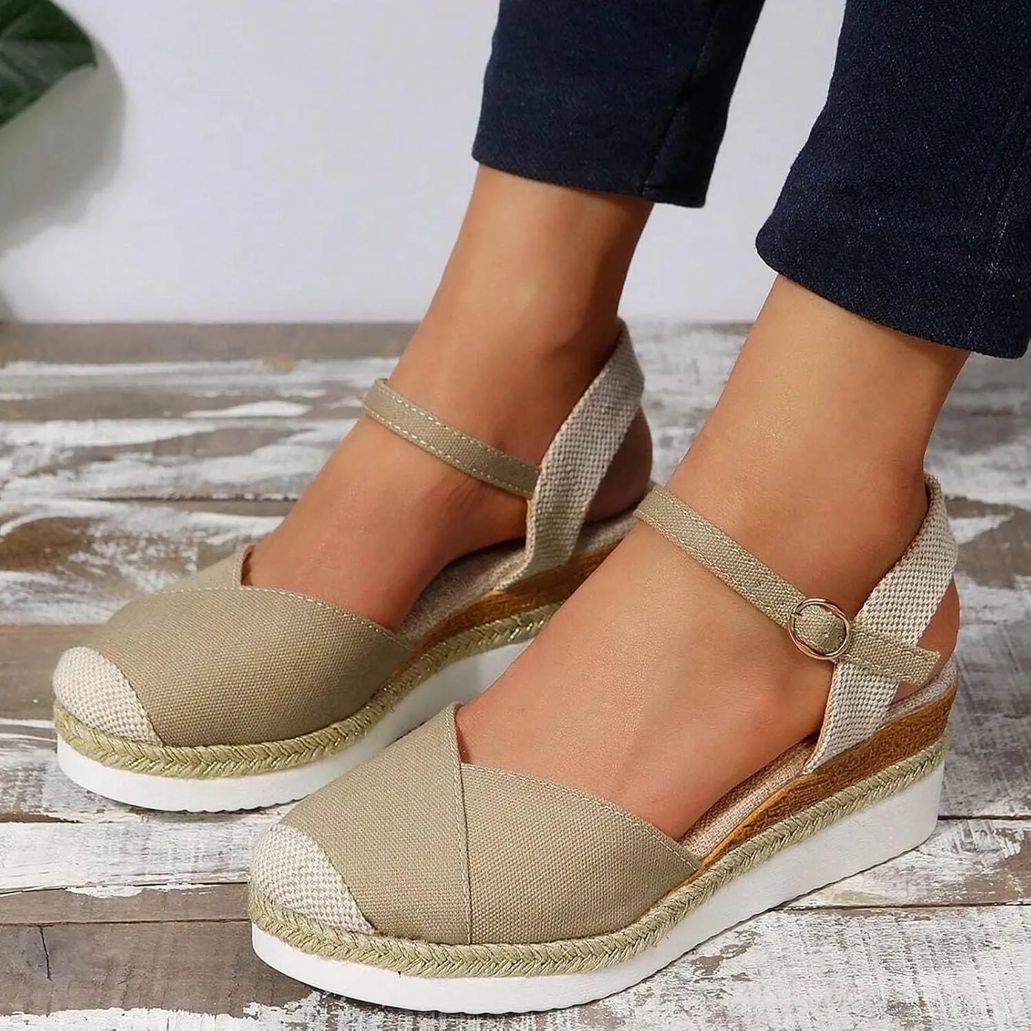 Orthopedic Platform Wedge Sandals for Women Summer Dressy 2023 Flat Open Toe Ankle Strap Espadrilles Sandals Casual Strappy Slip on Sandals Beach Boho Sandals Comfortable Outdoor Shoes (1-Khaki, 6.5)