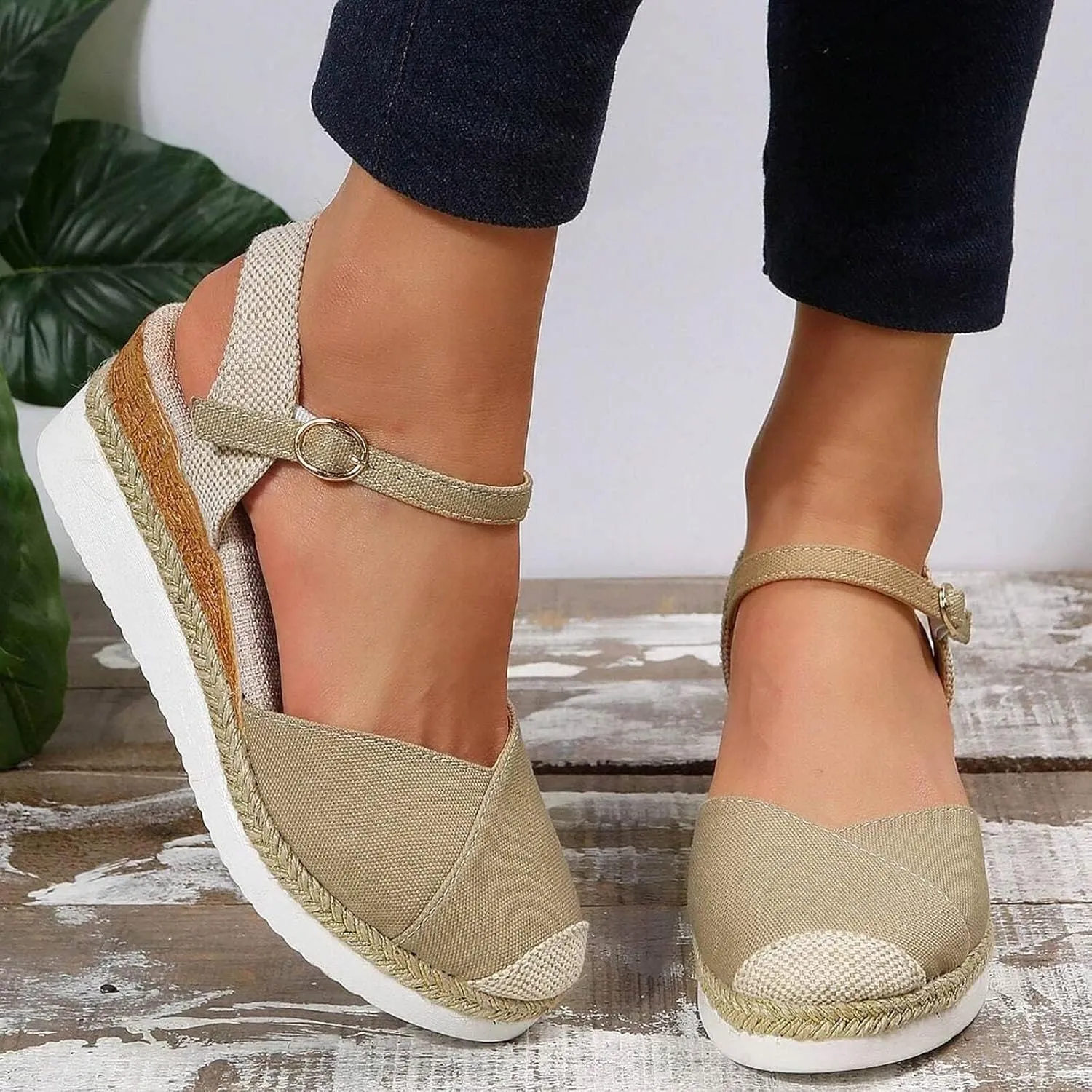 Orthopedic Platform Wedge Sandals for Women Summer Dressy 2023 Flat Open Toe Ankle Strap Espadrilles Sandals Casual Strappy Slip on Sandals Beach Boho Sandals Comfortable Outdoor Shoes (1-Khaki, 6.5)