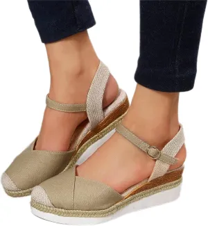 Orthopedic Platform Wedge Sandals for Women Summer Dressy 2023 Flat Open Toe Ankle Strap Espadrilles Sandals Casual Strappy Slip on Sandals Beach Boho Sandals Comfortable Outdoor Shoes (1-Khaki, 6.5)