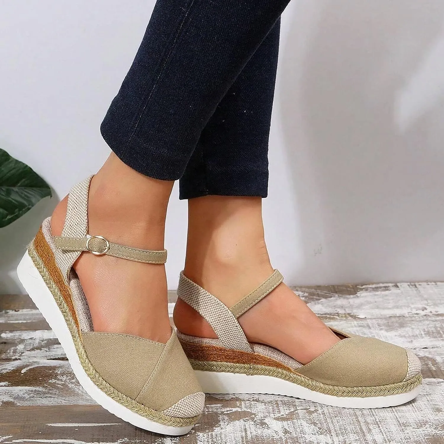 Orthopedic Platform Wedge Sandals for Women Summer Dressy 2023 Flat Open Toe Ankle Strap Espadrilles Sandals Casual Strappy Slip on Sandals Beach Boho Sandals Comfortable Outdoor Shoes (1-Khaki, 6.5)