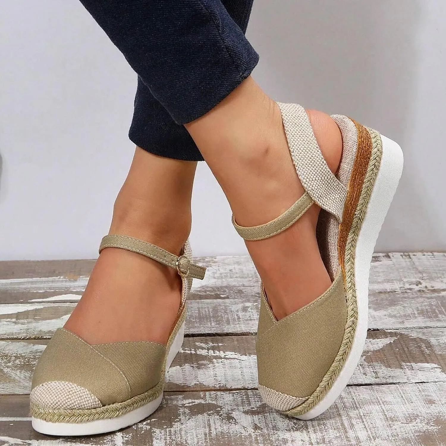 Orthopedic Platform Wedge Sandals for Women Summer Dressy 2023 Flat Open Toe Ankle Strap Espadrilles Sandals Casual Strappy Slip on Sandals Beach Boho Sandals Comfortable Outdoor Shoes (1-Khaki, 6.5)