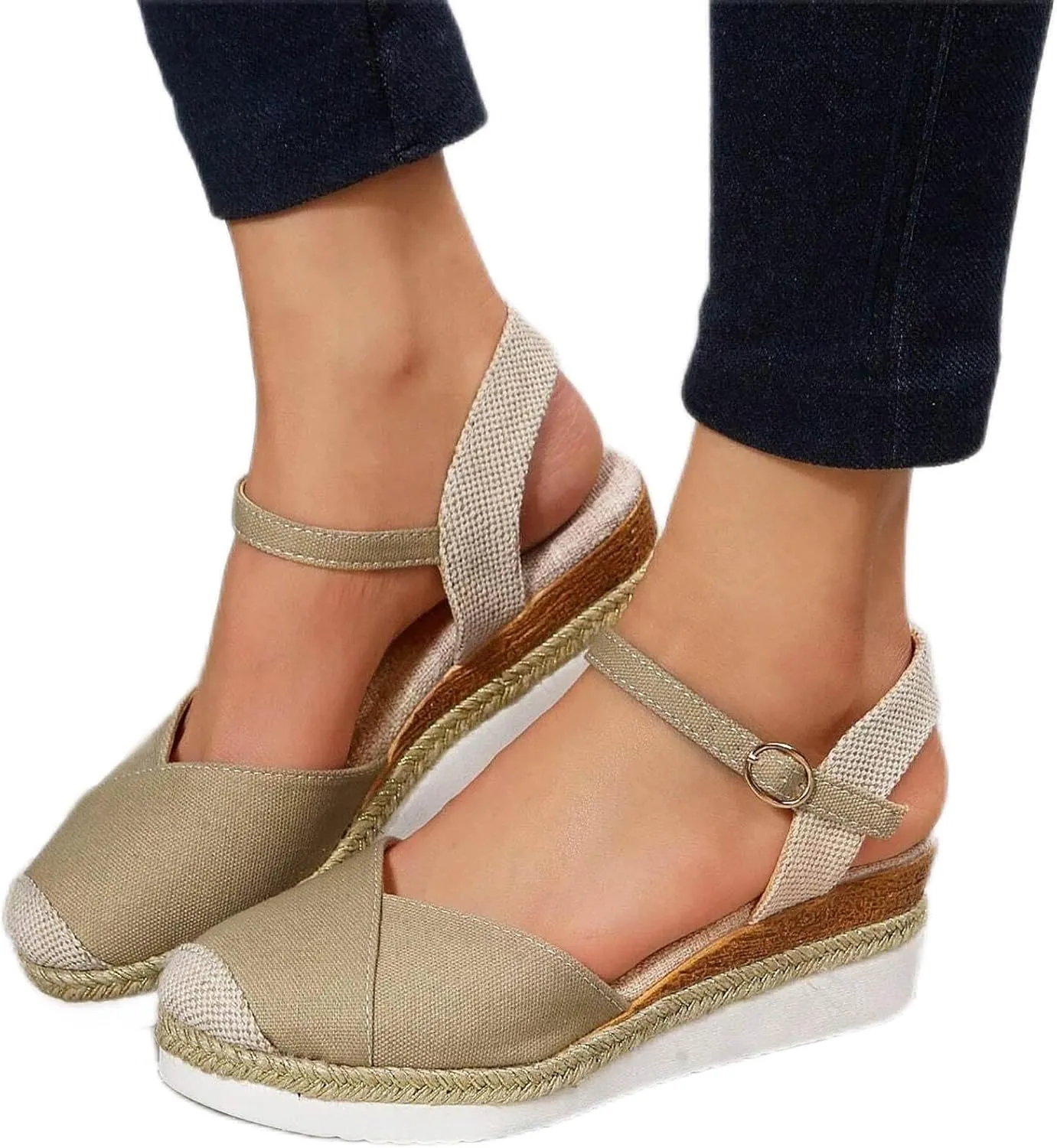 Orthopedic Platform Wedge Sandals for Women Summer Dressy 2023 Flat Open Toe Ankle Strap Espadrilles Sandals Casual Strappy Slip on Sandals Beach Boho Sandals Comfortable Outdoor Shoes (1-Khaki, 6.5)
