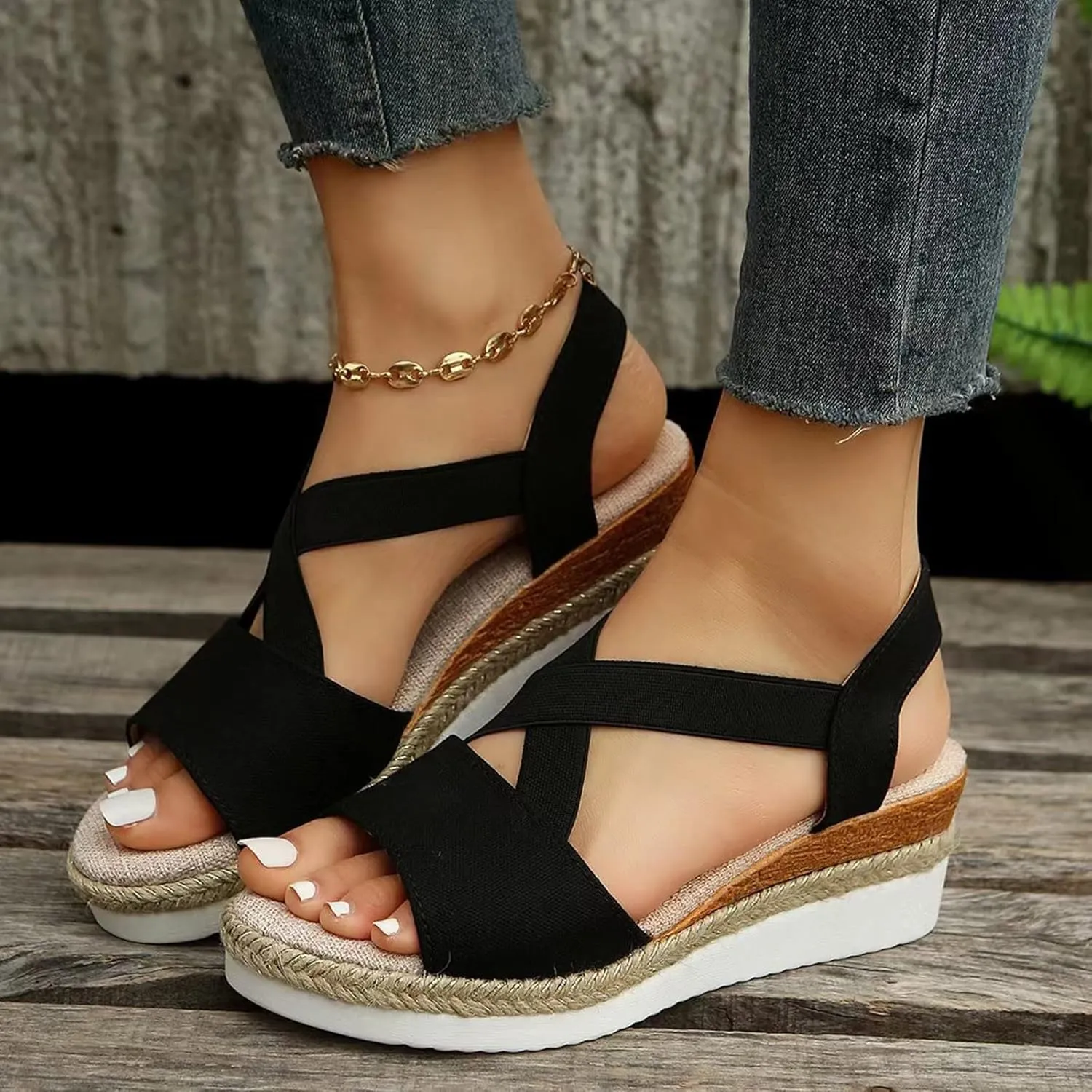 Orthopedic Platform Wedge Sandals for Women Summer Dressy 2023 Flat Open Toe Ankle Strap Espadrilles Sandals Casual Strappy Slip on Sandals Beach Boho Sandals Comfortable Outdoor Shoes (2-Bronze, 8)