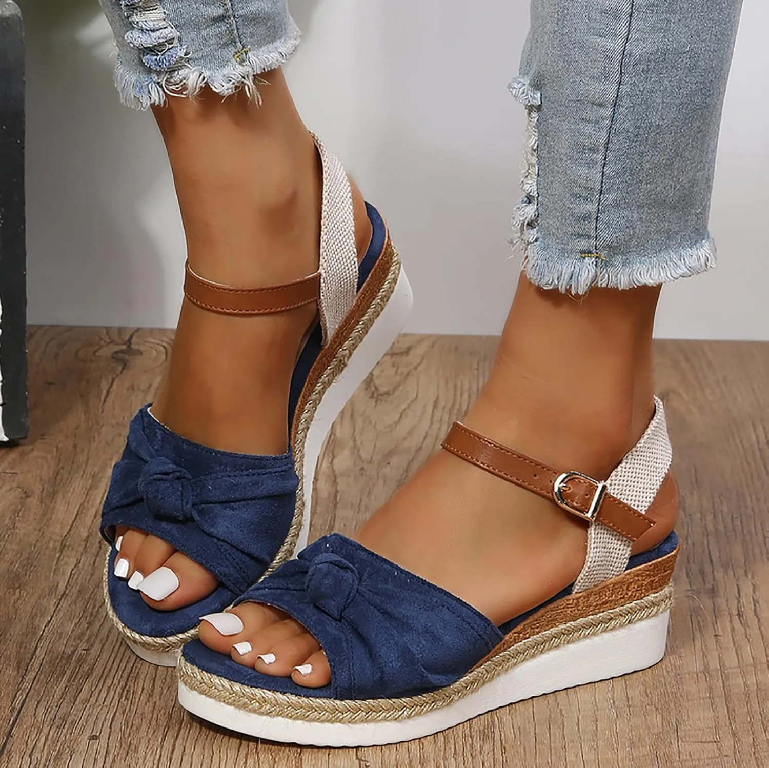 Orthopedic Platform Wedge Sandals for Women Summer Dressy 2023 Flat Open Toe Ankle Strap Espadrilles Sandals Casual Strappy Slip on Sandals Beach Boho Sandals Comfortable Outdoor Shoes (5-Blue, 7)
