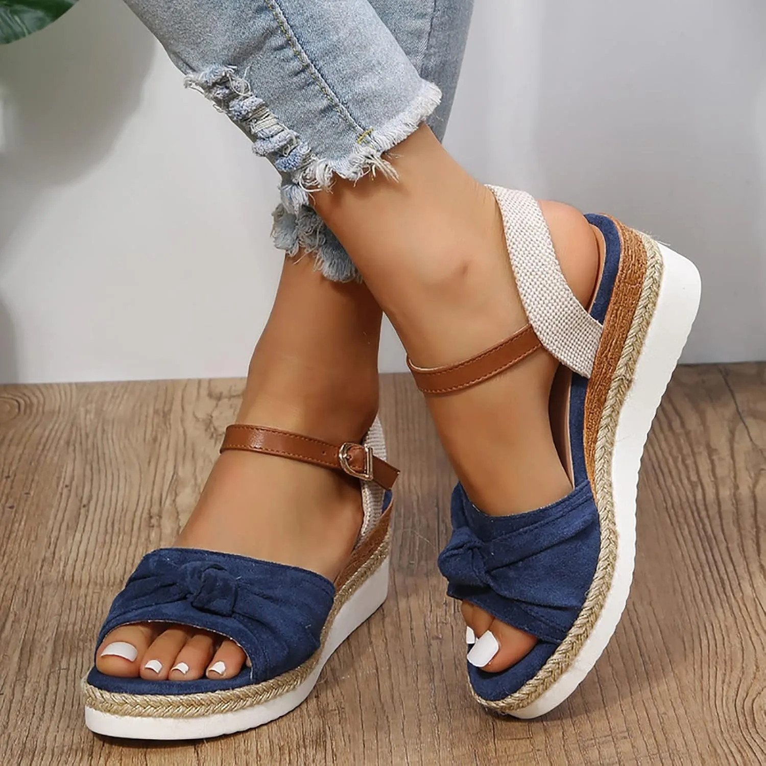 Orthopedic Platform Wedge Sandals for Women Summer Dressy 2023 Flat Open Toe Ankle Strap Espadrilles Sandals Casual Strappy Slip on Sandals Beach Boho Sandals Comfortable Outdoor Shoes (5-Blue, 7)