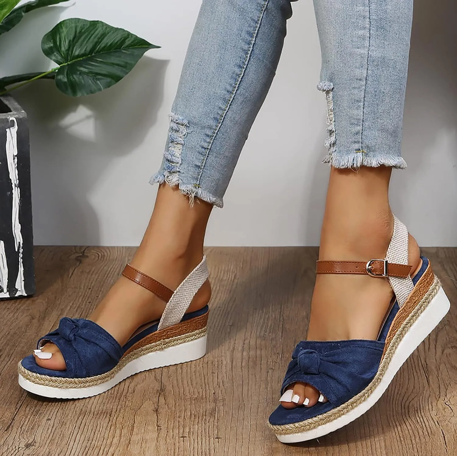 Orthopedic Platform Wedge Sandals for Women Summer Dressy 2023 Flat Open Toe Ankle Strap Espadrilles Sandals Casual Strappy Slip on Sandals Beach Boho Sandals Comfortable Outdoor Shoes (5-Blue, 7)
