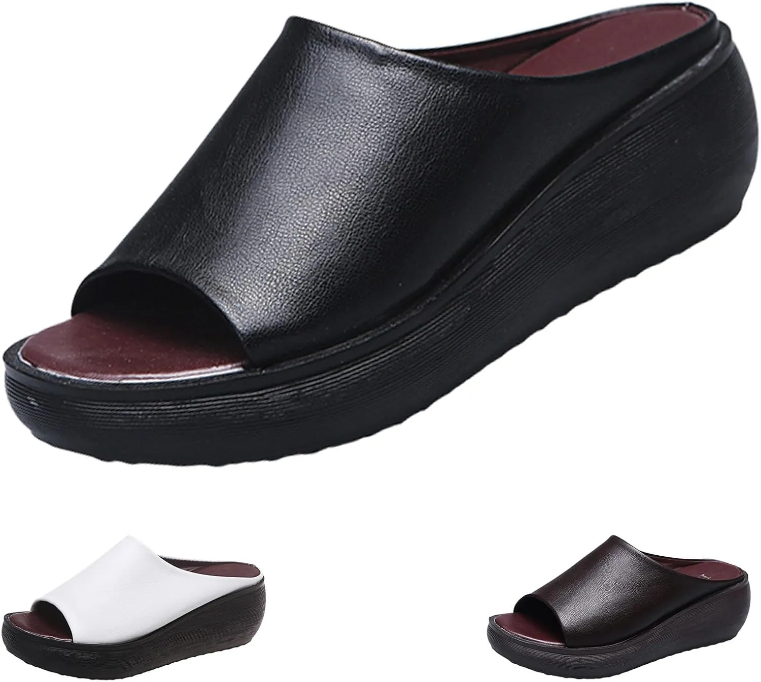 Orthopedic Wedge Sandals for Women, Comfortable Orthotic Leather Wedges Slides, Platform Heel Arch Support Slip Sandals
