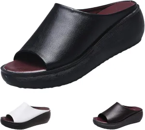 Orthopedic Wedge Sandals for Women, Comfortable Orthotic Leather Wedges Slides, Platform Heel Arch Support Slip Sandals