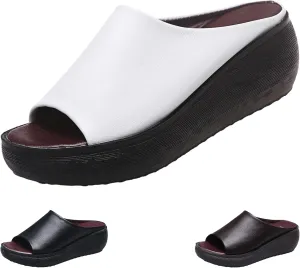 Orthopedic Wedge Sandals for Women, Comfortable Orthotic Leather Wedges Slides, Platform Heel Arch Support Slip Sandals