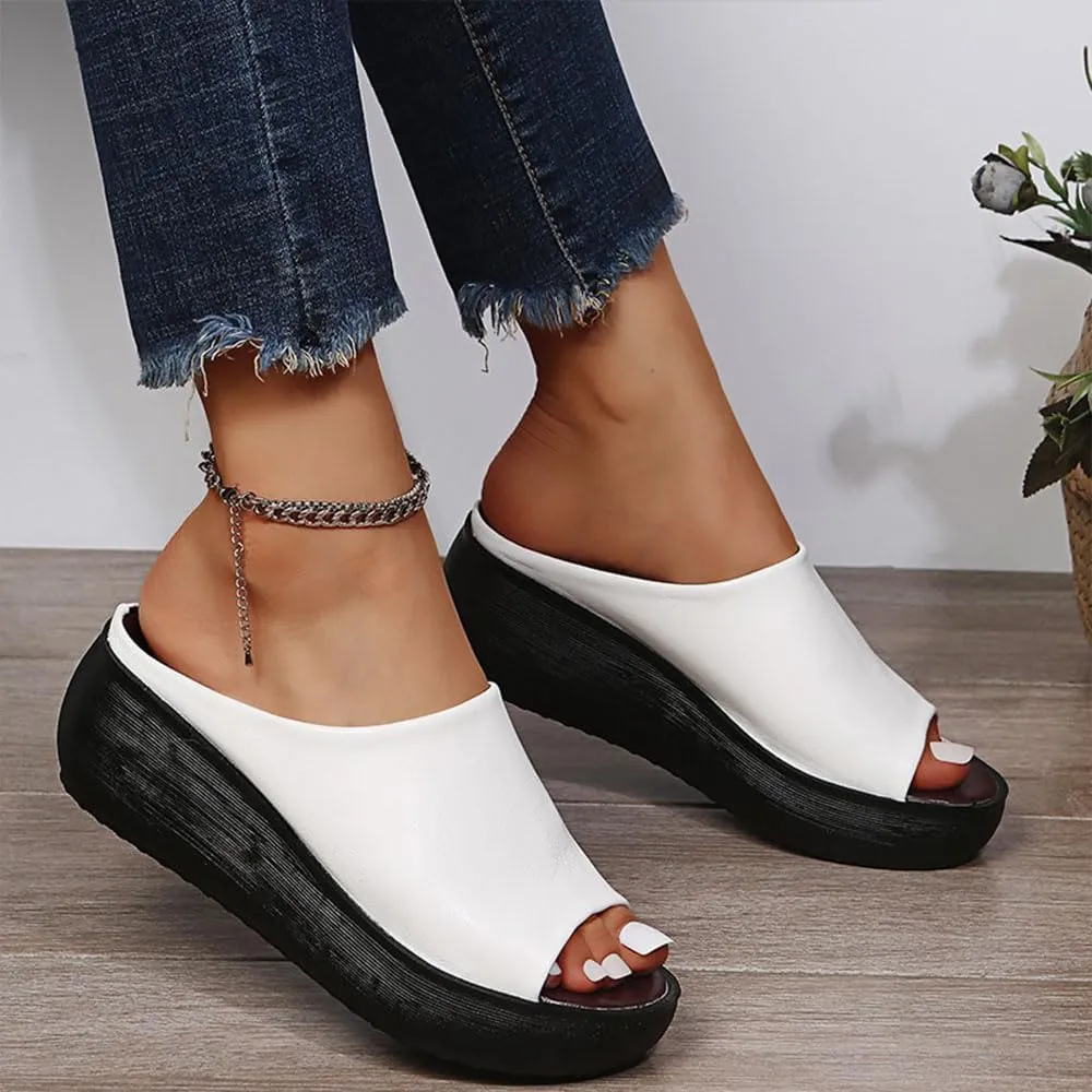 Orthopedic Wedge Sandals for Women, Comfortable Orthotic Leather Wedges Slides, Platform Heel Arch Support Slip Sandals