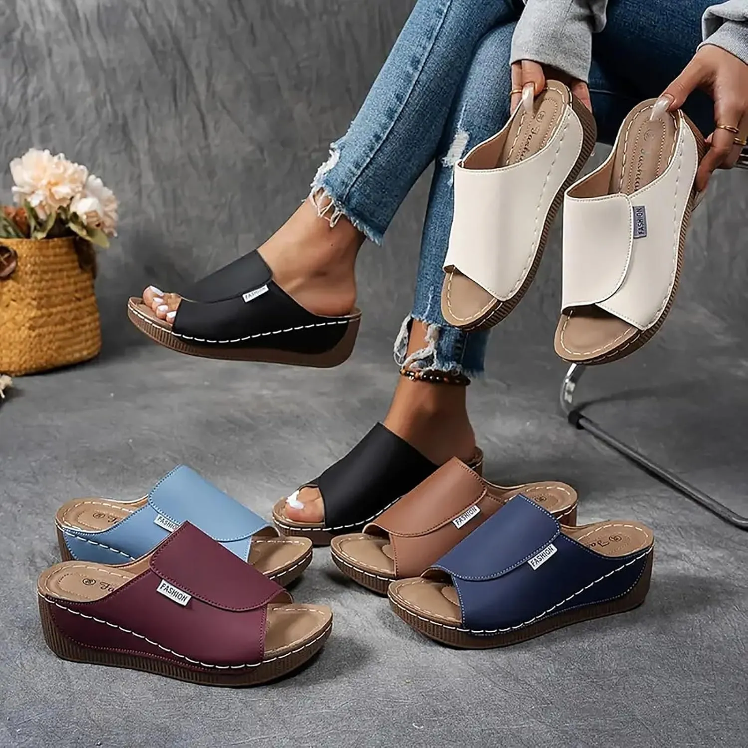 Orthopedic Wedge Sandals for Women, Orthopedic Arch Support Slide Flat Slip on Wide Width Leather Platform Wedge Slides Heels Sandals Diabetic Walking Summer Shoes