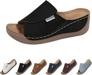 Orthopedic Wedge Sandals for Women, Orthopedic Arch Support Slide Flat Slip on Wide Width Leather Platform Wedge Slides Heels Sandals Diabetic Walking Summer Shoes