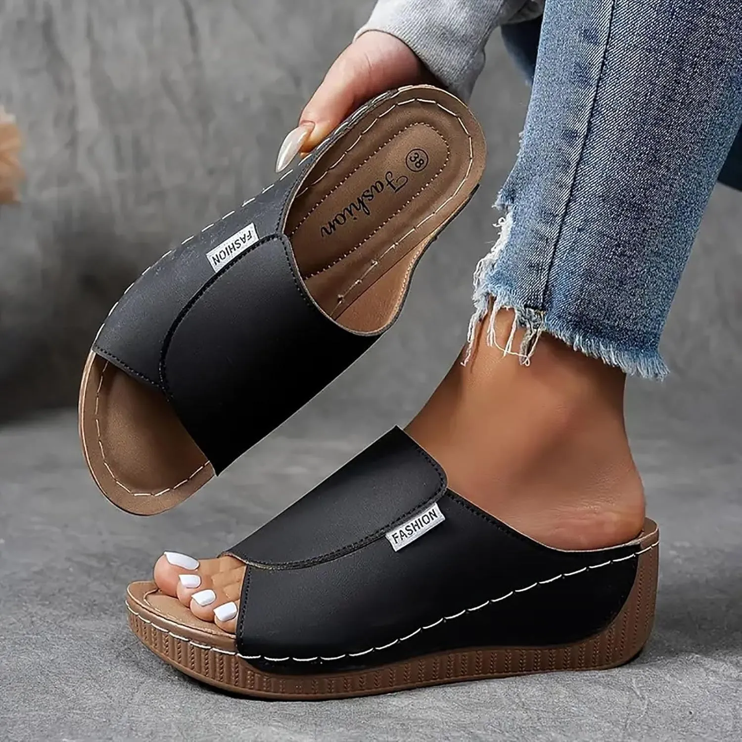 Orthopedic Wedge Sandals for Women, Orthopedic Arch Support Slide Flat Slip on Wide Width Leather Platform Wedge Slides Heels Sandals Diabetic Walking Summer Shoes