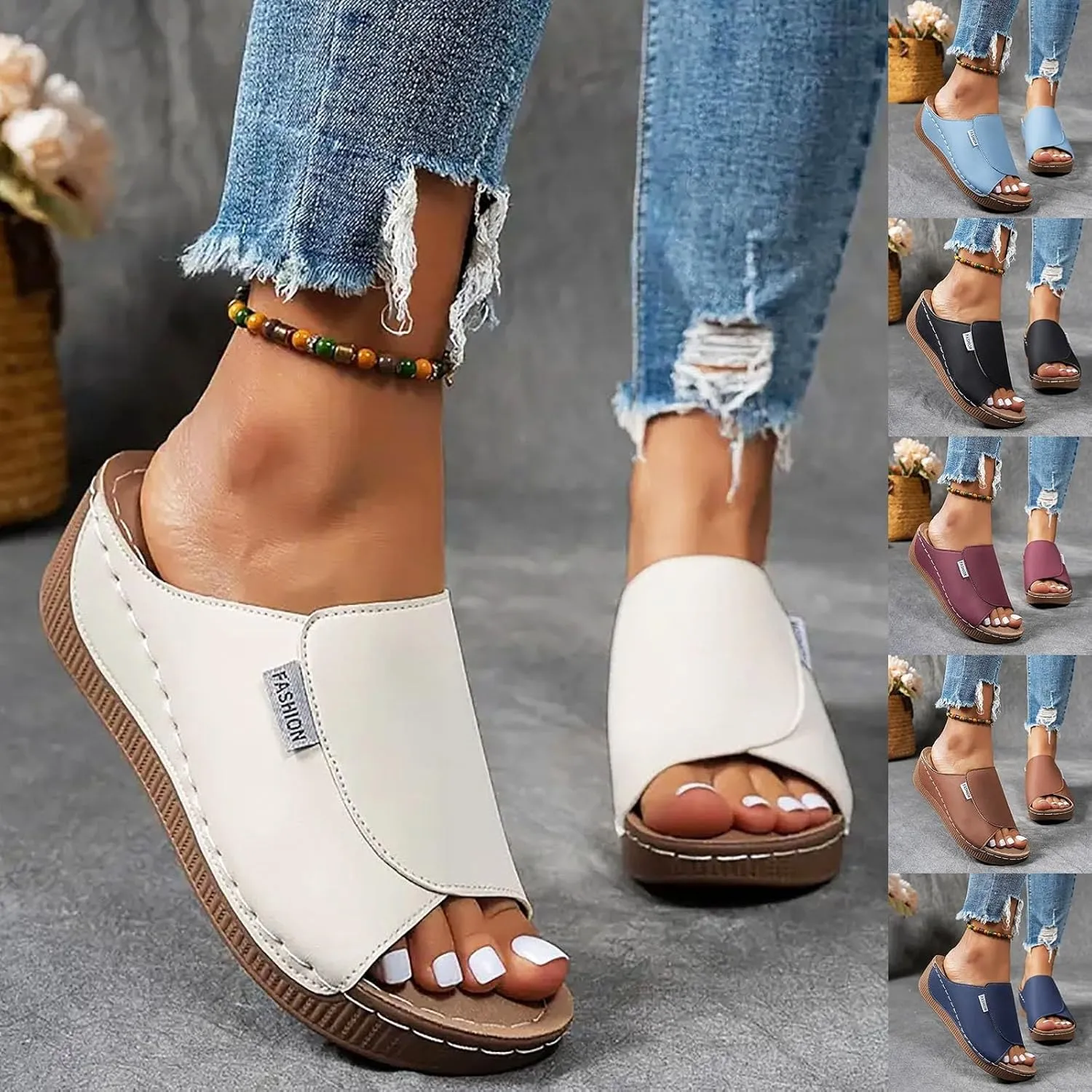 Orthopedic Wedge Sandals for Women, Orthopedic Arch Support Slide Flat Slip on Wide Width Leather Platform Wedge Slides Heels Sandals Diabetic Walking Summer Shoes